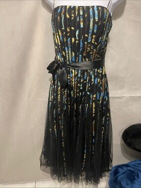 JS Collections Black Spaghetti Strap Tulle Dress with Blue and Gold Floral Print